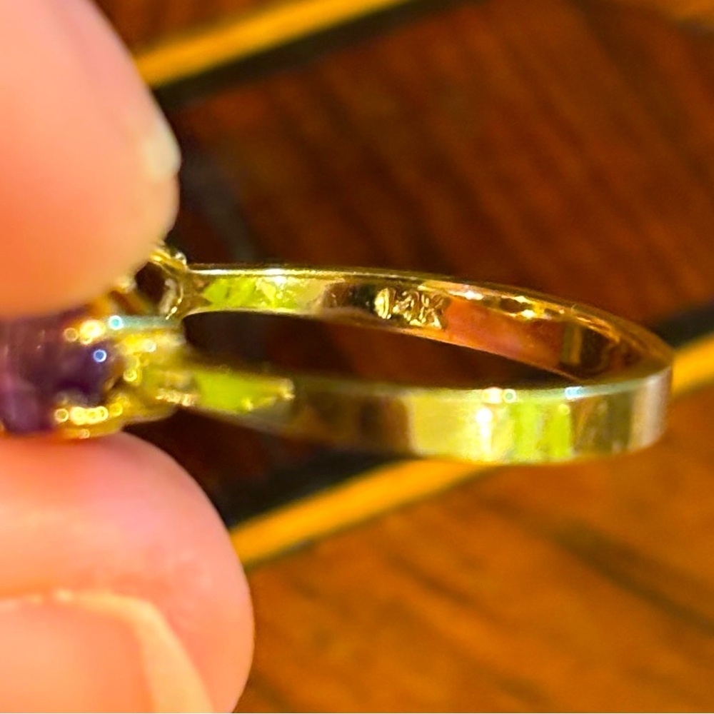 Genuine 14K Yellow Gold & Emerald-Cut Amethyst Antique Diamond Ring, Size 6.25 - Picture 5 of 9